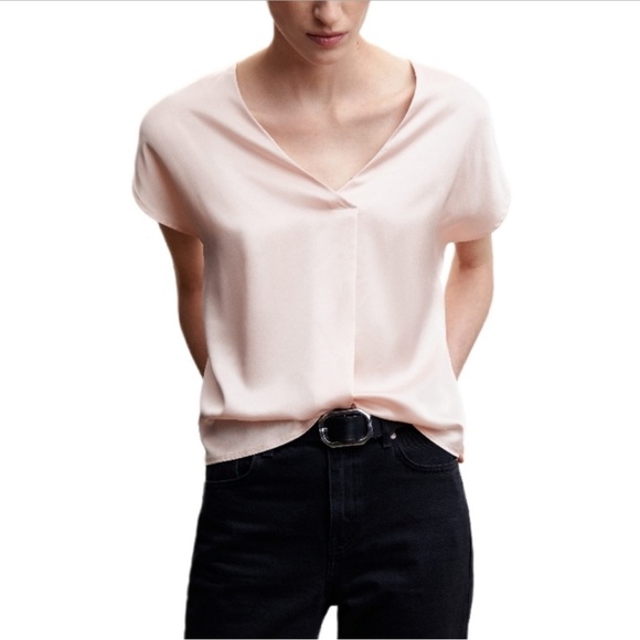 Mango MNG Pink Blush Satin V Neck Semi Sheer Short Sleeve Blouse Top - Picture 2 of 6